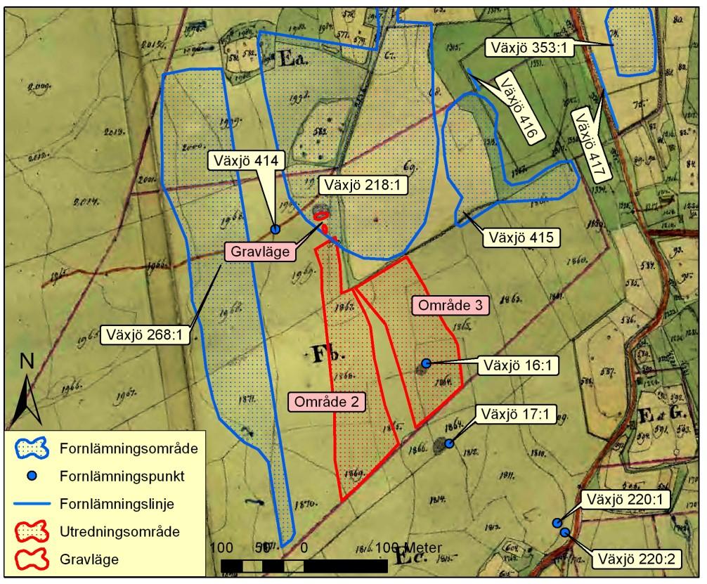 Fig. 3. Fornlämningar och utredningsområden inlagda på utdrag ur Laga skifteskarta från 1850. Läget för gravrösena, fornlämning nr 16 och 17, finns utmärkta på kartan med svart prick.