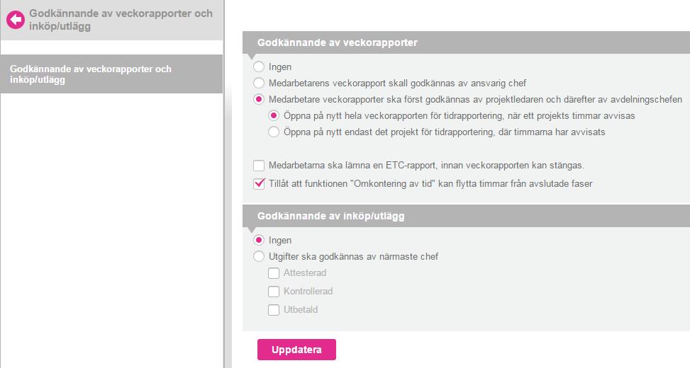 Figur 1 Hur veckorapporter ska godkännas, anges i systemadministrationen 2.