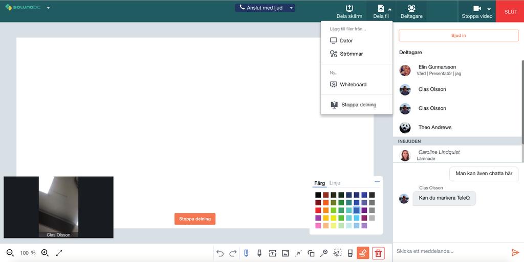 7 Whiteboard Under fliken Dela fil finner du Whiteboard-funktionen. I denna kan ni ladda upp filer och göra markeringar.