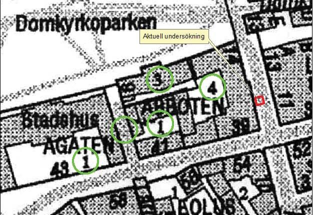 1998 utfördes en antikvarisk kontroll i Läroverksgatan, mellan kv Abboten och Agaten. Vid denna framträdde ett lager med fet kulturjord mot schaktets botten på ca 0,4 m djup (Feldt 1998).