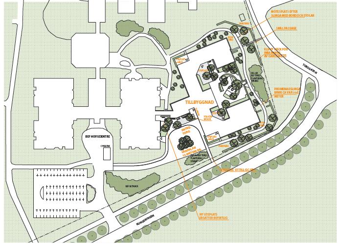 6 Markplanering, angöring, parkering, inlastning En gemensam innergård med grönska och sittplatser i både skugga och sol.