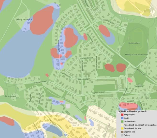 Eskilstuna kommun 6 (22) Geotekniska förhållanden Bilden visar marförhållandena inom planområdet. Markförhållandena i området utgörs av åsens grovsediment med inslag av morän och berg i dagen.