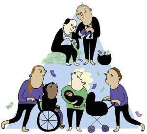 Civilsamhällets roll för folkhälsan Bygg samhället på rättigheter inte välgörenhet. Ett av Forums huvudbudskap. Illustration: Hanna Stenman.