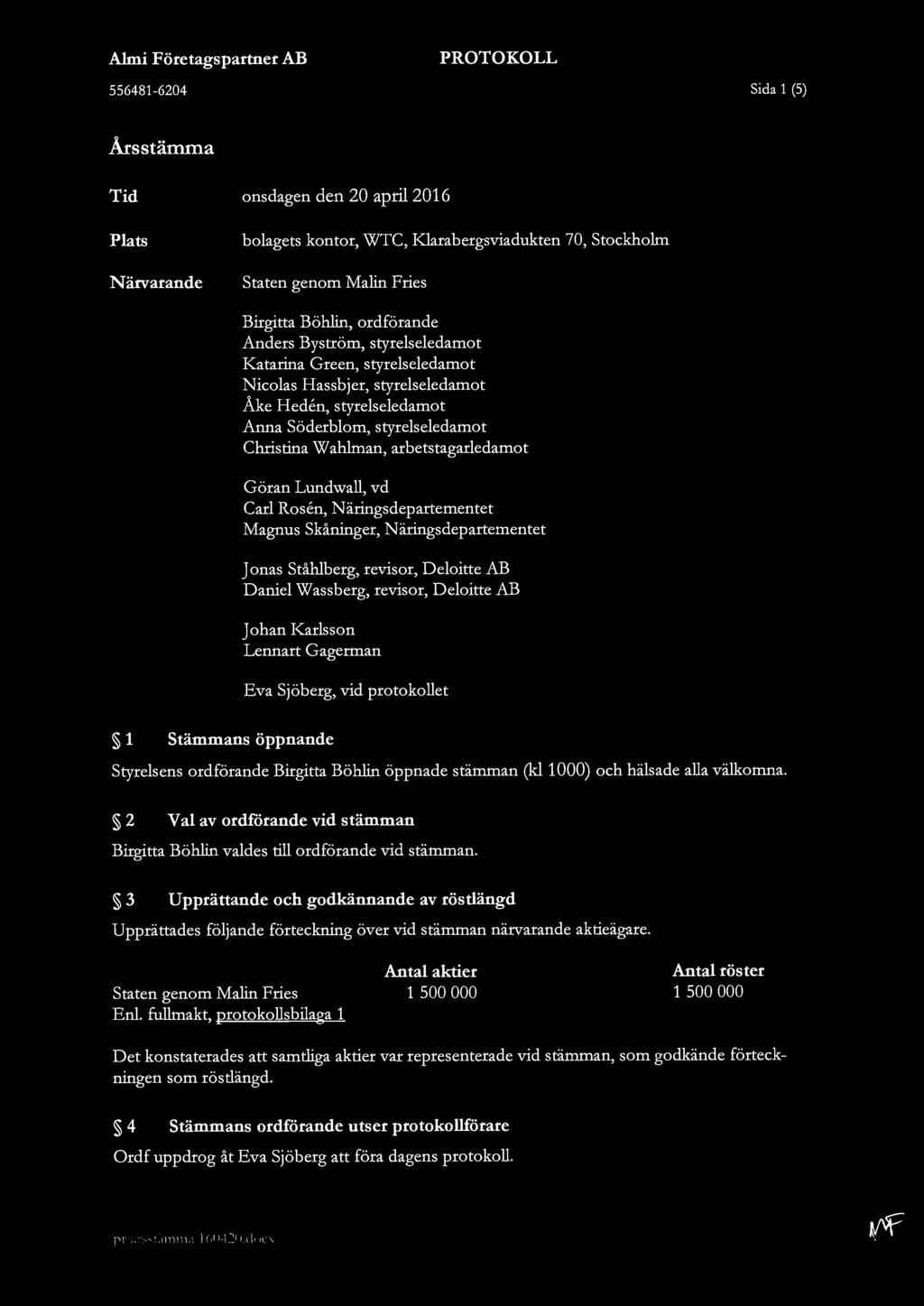 Almi Företagspartner AB PROTOKOLL 556481-6204 Sida 1 (5) Årsstämma Tid Plats Närvarande onsdagen den 20 april 2016 bolagets kontor, WTC, Klarabergsviadukten 70, Stockholrn Staten genom Malin Fries