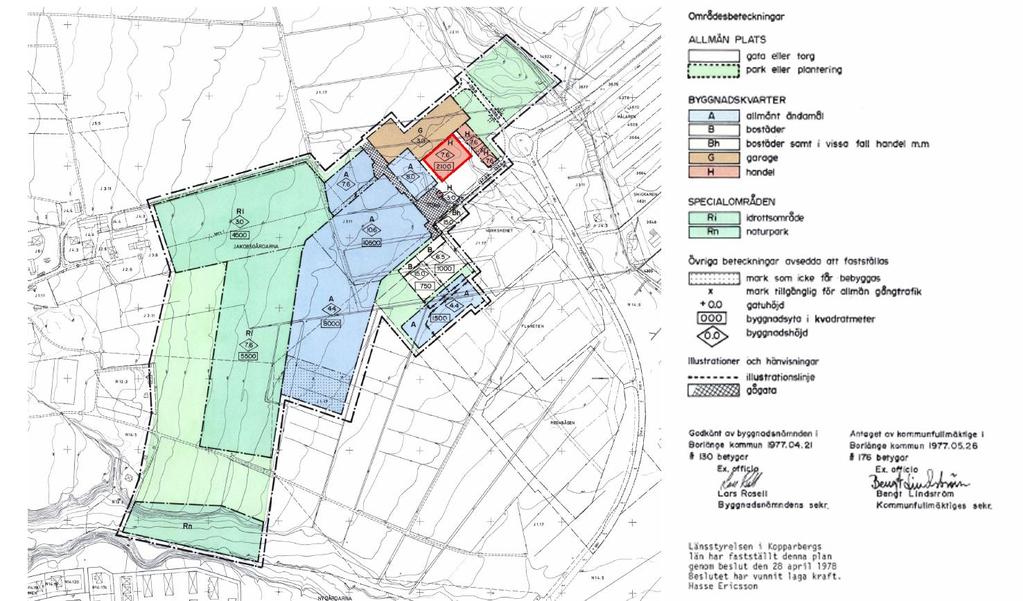 Gällande detaljplan för området (antagen 1977). Aktuellt detaljplaneområde är markerat med rött.