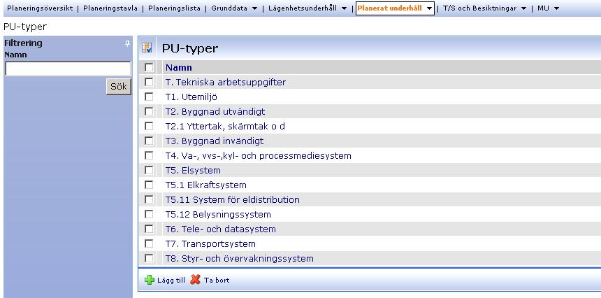 3. Planering- dataregistrering 3.1. PU-typer Varje planeringspost av typen PU kan tilldelas en PU-typ. På så sätt kan olika sorters PU grupperas och summeras var för sig.