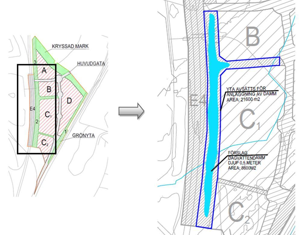 Figur 8: Föreslagen placering av damm inom Stadsdel 5. Dammyta med reglerdjup 0,5 meter samt dammyta med reglerdjup 0,2 meter.