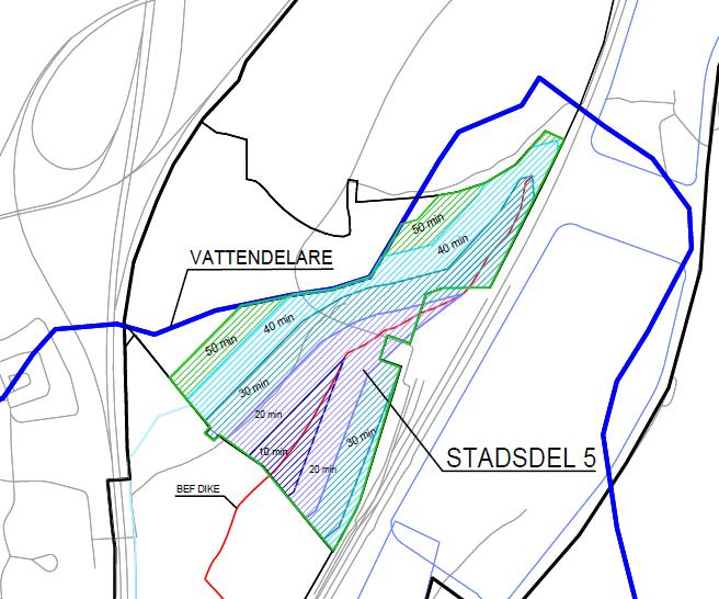 Figur 4: Deltagande areal i Stadsdel 5 vid olika varaktigheter, i 10 minuterssteg. Rinntid efter exploatering [min] Fyllnadstid magasin inom kvarter 20 mm = 25 min.