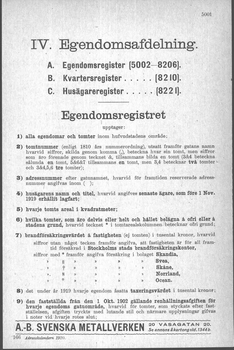 1 V. Egendomsafdelning. \ A. Ege~domsregister [2:'--6). " B. Kvartersreglster,.. (2). C. Husägareregister, (221). _Egendomsregistret upptager: l) alla egendomar och tomter inom hufvudstadens.