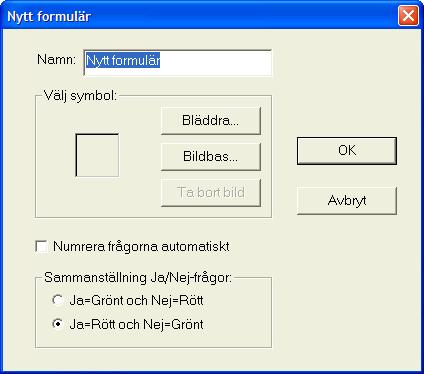 Här anger man formulärets namn, symbol samt om frågorna ska numreras automatiskt. Man väljer symbol via knapparna Bläddra eller Bildbas.