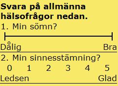 Svaret markeras då som i vyn till höger. Frågorna kan, förutom Ja/Nej, ha svarsalternativen 0/1/2/3/4/5, Skala 0-10 samt Inget svarsalternativ.