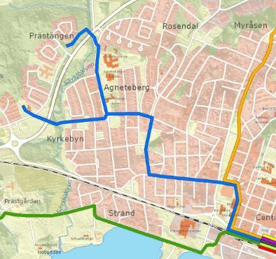 3(5) Infoga eller bifoga kartbild som visar åtgärdens placering och fysiska avgränsning Sträckan som avses är markerad med blå färg från centrum till Prästängen.