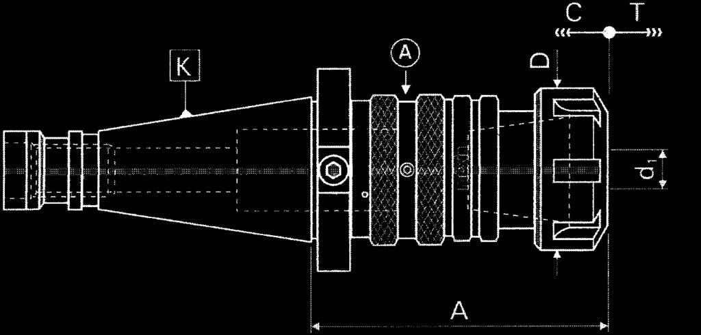 Gängapparat med axiell flytrörelse Avsedd för spännhylsa ER och med inre kylning DIN 2080 10.610 Tryck (C) och drag (T). Tryckrörelsen kan låsas genom att vrida ringen (A). Kylning genom centrum.
