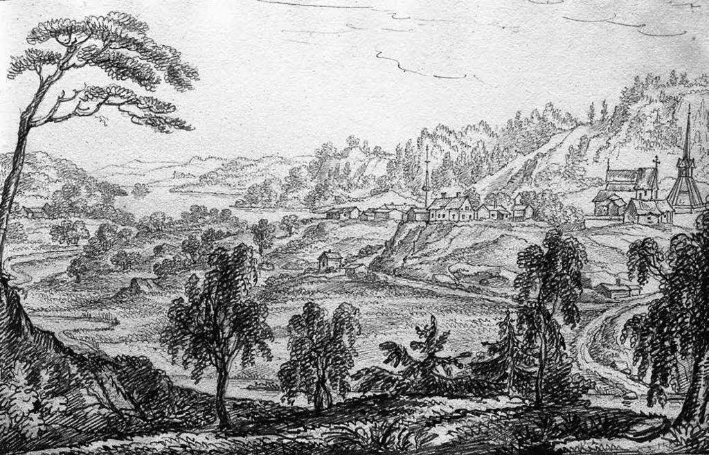 Fig. 23. Utsikt 1829 mot Gärdserums kyrka och prästgård i Norra Tjust. Teckning av D. W. Blom. Kyrkan, som revs 1854, var en treskeppig stavkyrka med sekundärt stenkor med sakristia från omkring 1300.