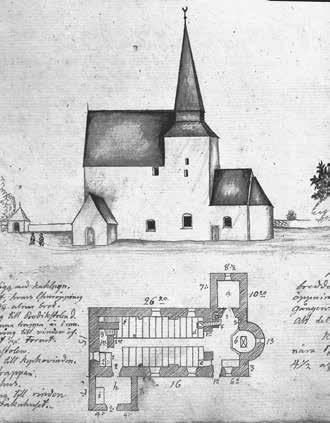 Fig. 36. Hossmo kyrka i Möre, do kumenterad 1821 av fornforskaren Nils Isak Löfgren. Kyrkan tillhör de s.k. flerfunktionella kyrkorna, som förekommer i olika variationer längs Kalmarkusten och på Öland.