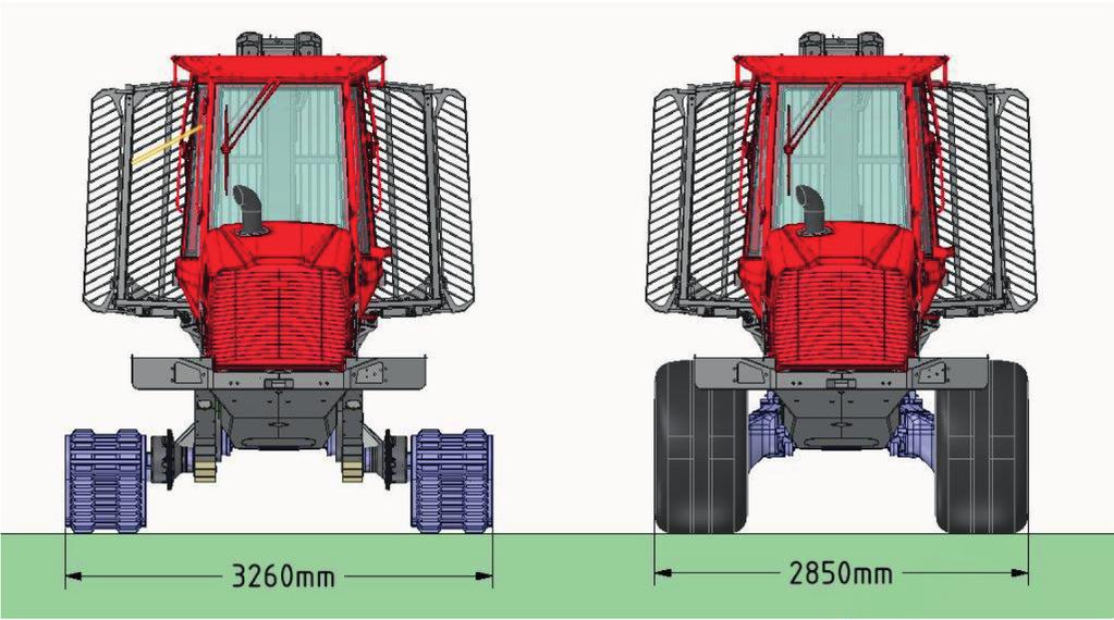 Maskinmått Då skotaren Komatsu 845 utrustades med bandsystemet blev den 410 millimeter bredare, (Figur 7). Figur 7. Skotarens breddmått med hjul och bandsystem.
