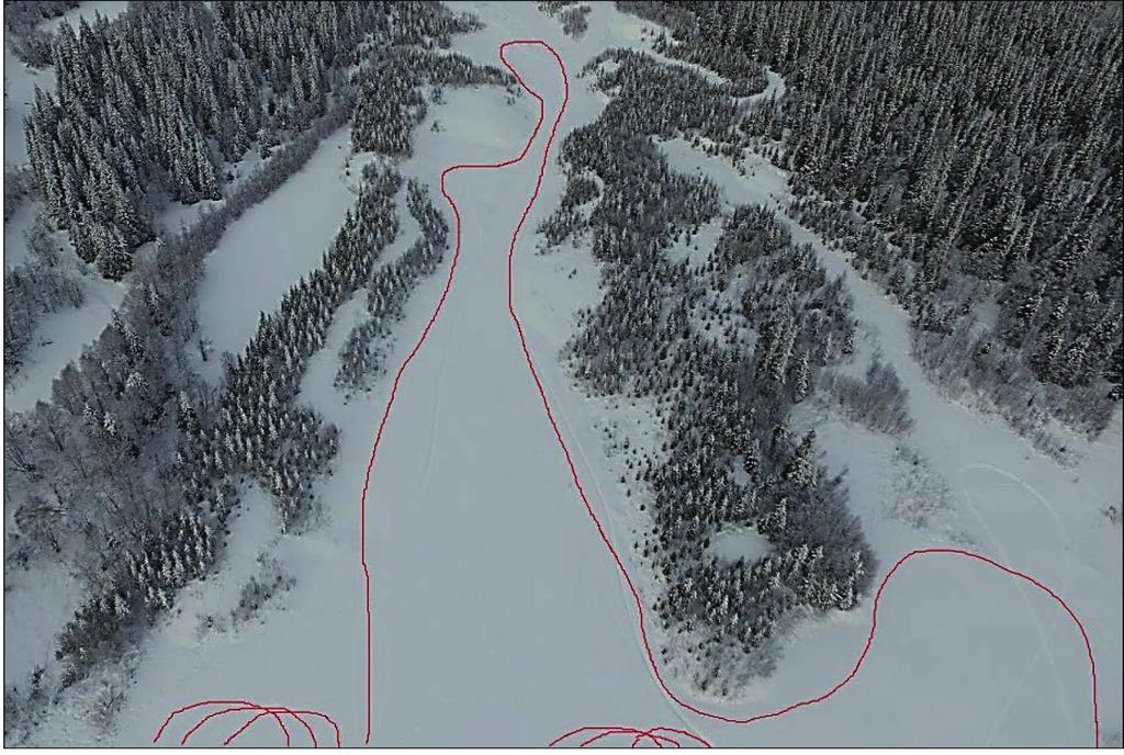 Borgafjäll I Borgafjäll genomfördes tester i djup snö. Snödjupet var cirka 0,8 1 meter djupt. Tre testbanor användes, Slinga 1, Slinga 2 och en lång körslinga, (Figur 35 och 36).