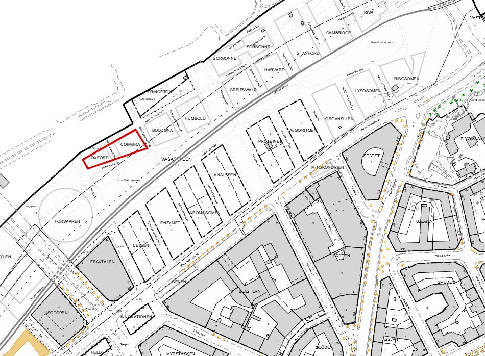Sida 4 (12) Illustration Hagastaden med kvarteren Oxford och Coimbra markerade med röd heldragen linje.