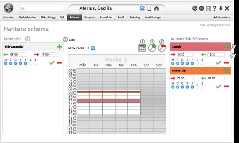 23 Redigera schema När du klickar på ditt schema kan du redigera arbetstid och den automatiska frånvaron. 1. Under panelen Arbetstid ser du vilka tider som finns angivna för dig.