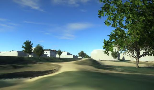 Volymstudie i 3D-modell vy mot söder, från korsningen Jägargatan/Kung Magnus väg En påbyggnad av befintligt hus med en gestaltning som även bryter upp huset i gatuplan bidrar till att förstärka