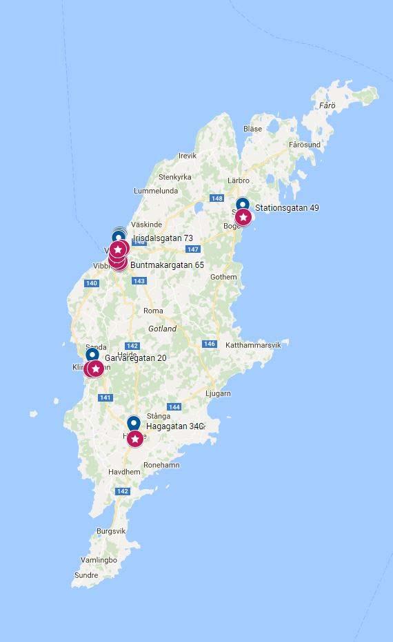 Region Gotland Socialförvaltningen Bilaga 9 Boendeförsörjningsplan för personer med funktionsnedsättningar 2017-2026 Geografisk spridning bostäder egen regi Utbudet av gruppbostäder (totalt 13 st)