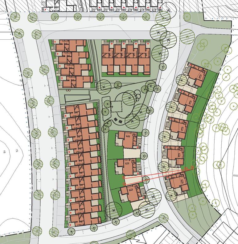 Bebyggelseförslag inom etapp 1 Kvarteret inom etapp 1 ligger direkt väster om radhusbebyggelse som uppförts av Folkhem. Utmed Rissneleden föreslås 18 radhus uppdelade i två olika bebyggelsegrupper.