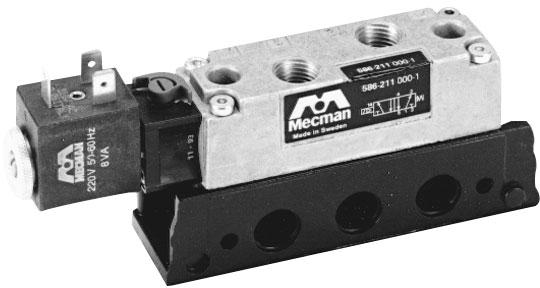 5/2-ventiler Serie 586, G 1/8-G 1/4 Rampventiler, uni- och bistabila Tekniska Data Ventiltyp Slidventil Arbetstryck Externmatning 10 bar internmatning Max. 10 bar, Se tabell för min.