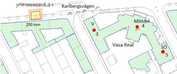 3330Övergripande För Vasa Real, mittdelen, beräknas stomljuden ej överskrida 40. Den maximala ljudnivån under denna period beräknas uppgå till 40 i markplan.