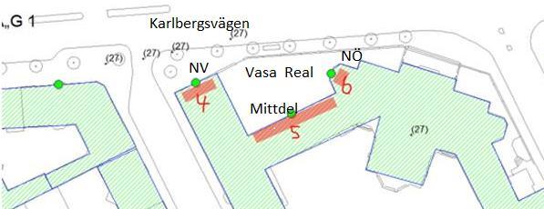 3330Övergripande Figur 7. Beräkningspunkter för luftburet buller i Vasa Real skola. Tabell 4. Beräknat luftburet buller för Vasa Real skola.