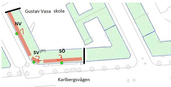 3330Övergripande bebyggelsen längs Karlbergsvägen bullernivåer runt 65 från trafiken. Det är därmed sannolikt att fasaddämpningen är något bättre än schablonvärdet.