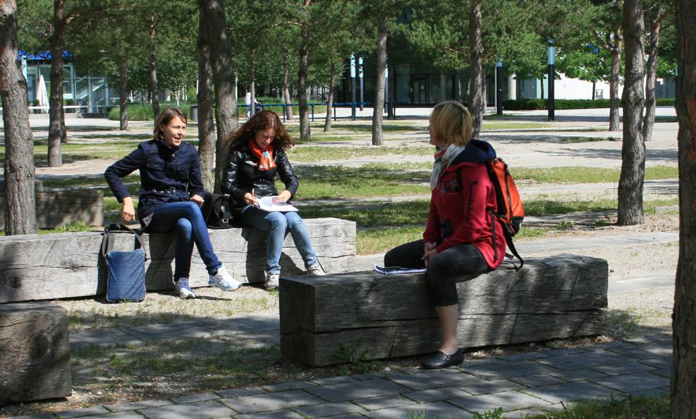 En lång vindlande bänk i flera nivåer kan samla en hel klass, men går också att