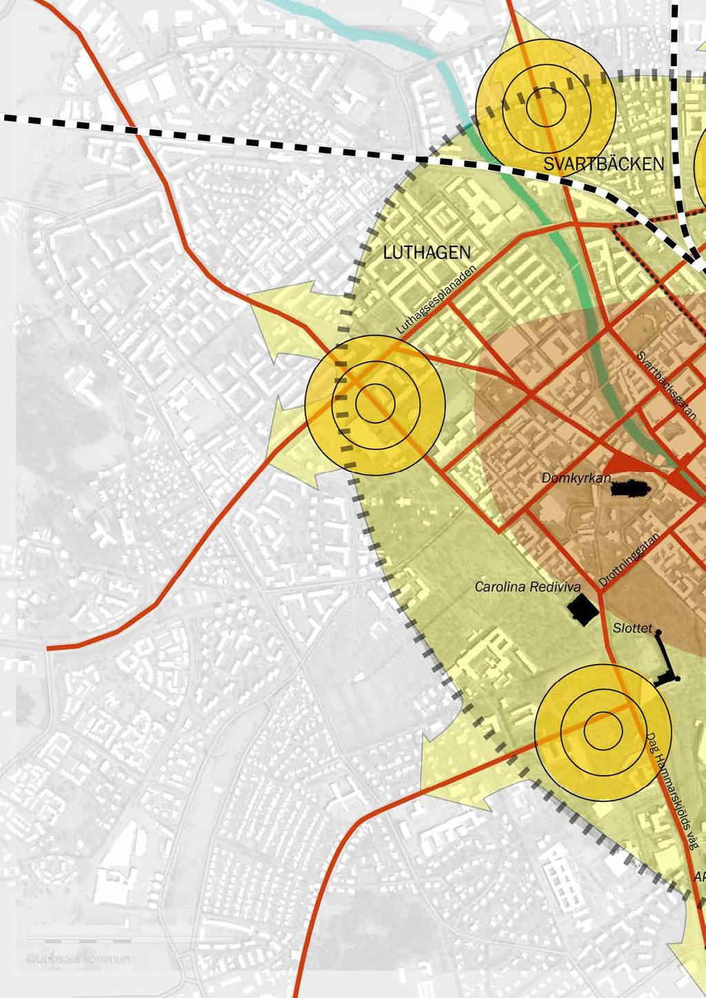 Utgångspunkter för stadsliv Utveckla centrala staden med attraktiva och flexibla mötesplatser för alla Prioritera centrala staden för gående och vistelse Sammankoppla stadens centrala delar i ett mer
