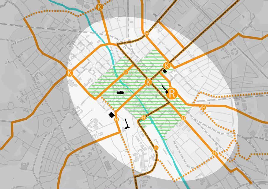 Gåprioritet Resecentrum Knutpunkt Viktig hållplats Kapacitetsstark kollektivtrafik Stomlinje Kompletteringslinje Genom att leda kollektivtrafiken förbi Universitetshuset och vidare längs