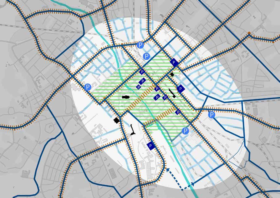 Bilen på gåendes villkor Huvudgatunät Huvudgatunät på kollektivtrafikens villkor Övrigt gatunät Befintligt parkeringshus Ny parkeringsanläggning möjligt läge Nytt huvudgatunät Tillfälligt