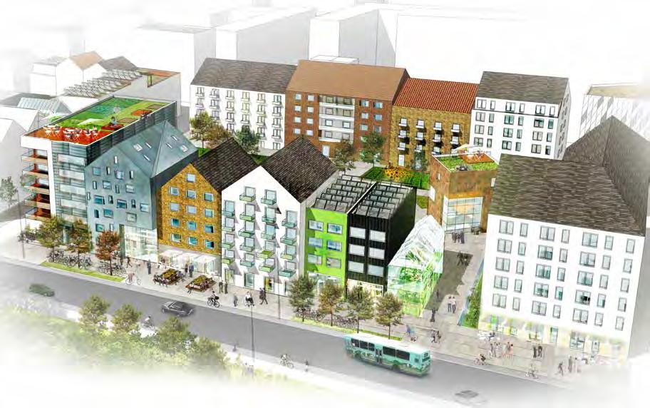 Illustration som visar hur nya stadskvarter kan utformas med variation i uttryck och innehåll och händelserika bottenvåningar.