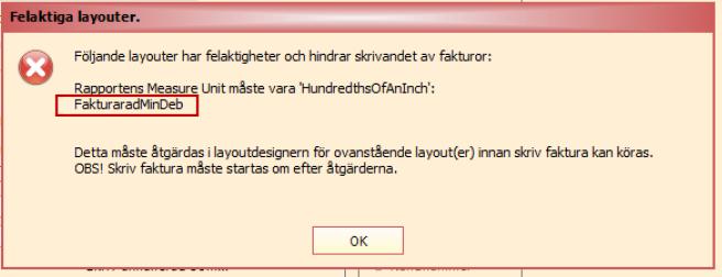 Om någon/några layouter har felaktigheter visas ett meddelande.