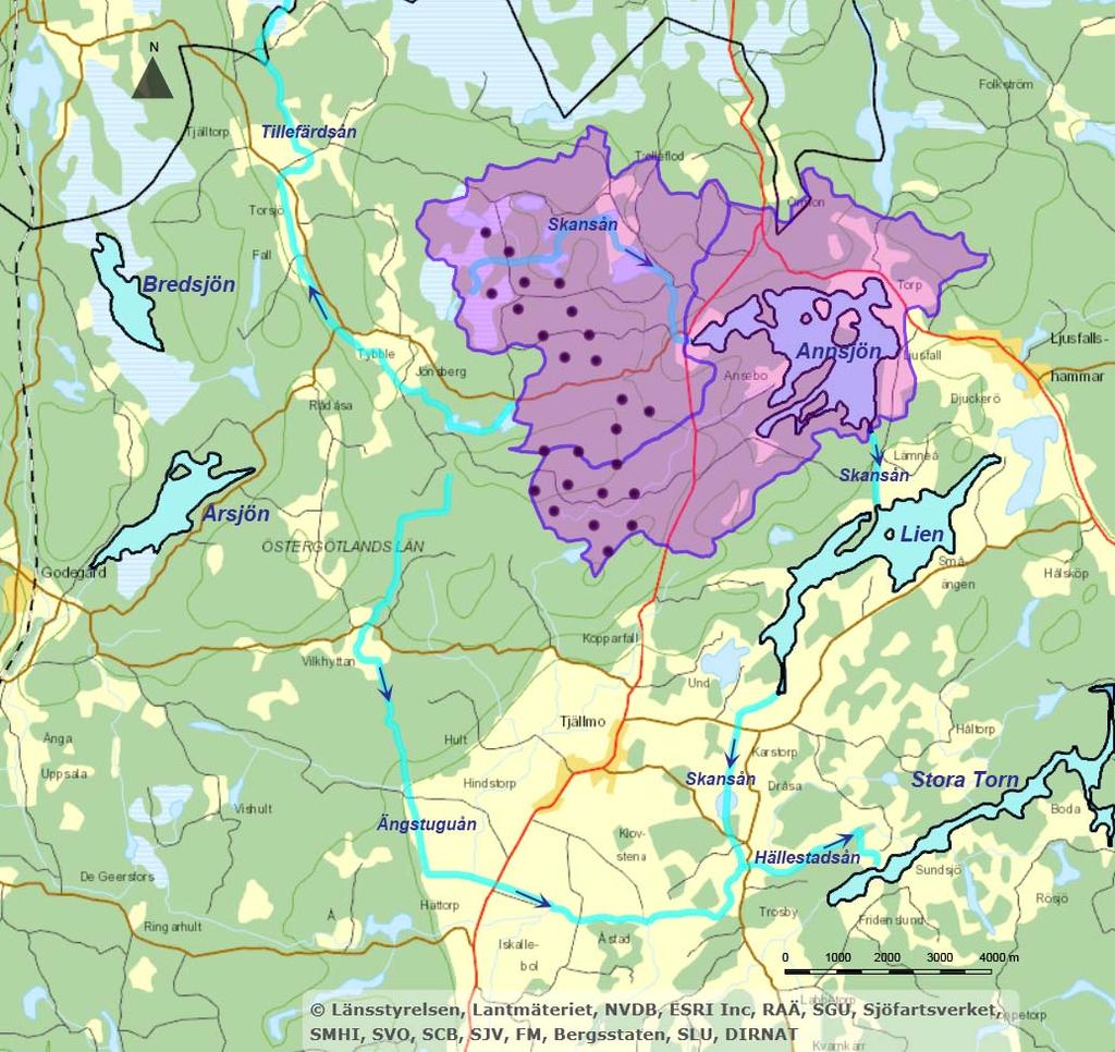 PM Hydrologi och hydrogeologi 4 (11) Figur 2. Huvudsakliga delavrinningsområden inom Motala ström som berörs av vindkraftsparken. Vattenförekomster enligt tabell 1 är markerade på kartan. Källa VISS.