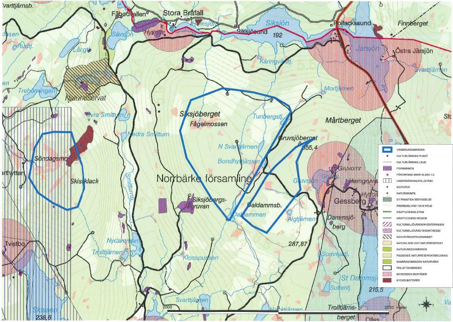 Lämpliga områden för vindbruk 1. Siksjöberget-Skissklack Siksjöberg, Skissklack och Daldammsberget är skogsbeklädda höjder. Landskapet är kuperat och beväxt med barrskog.