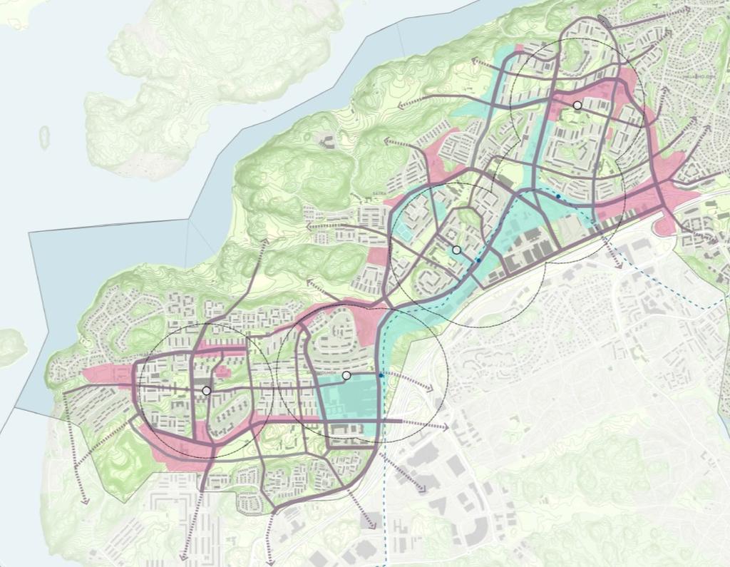 Sida 10 (29) Illustration över områden som omfattas av pågående detaljplanering (rosa) och områden där stadsbyggnadskontoret ser långsiktigt stor stadsbyggnadspotential för samlad ny