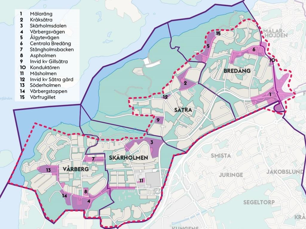 Sida 14 (29) Karta över Skärholmens stadsdelsnämndsområde och Fokus Skärholmen med pågående detaljplaneområden med nya bostäder markerade.