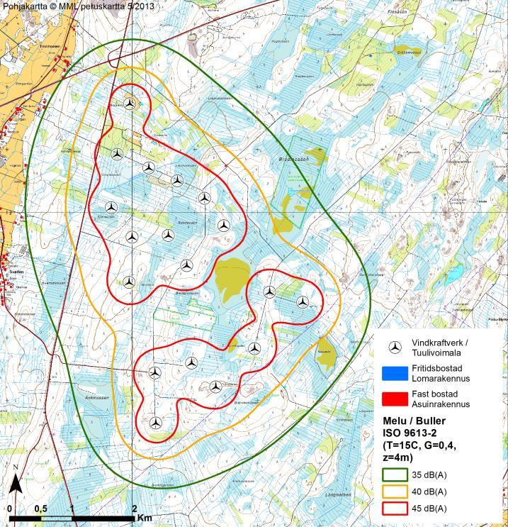 40 (83) Figur 11.1. Bullermodelleringar för de enskilda projekten. Svalskulla vindkraftpark har modellerats med utgångsljudet 106,5 db(a) och Pjelax med utgångsljudet 105,9 db(a).