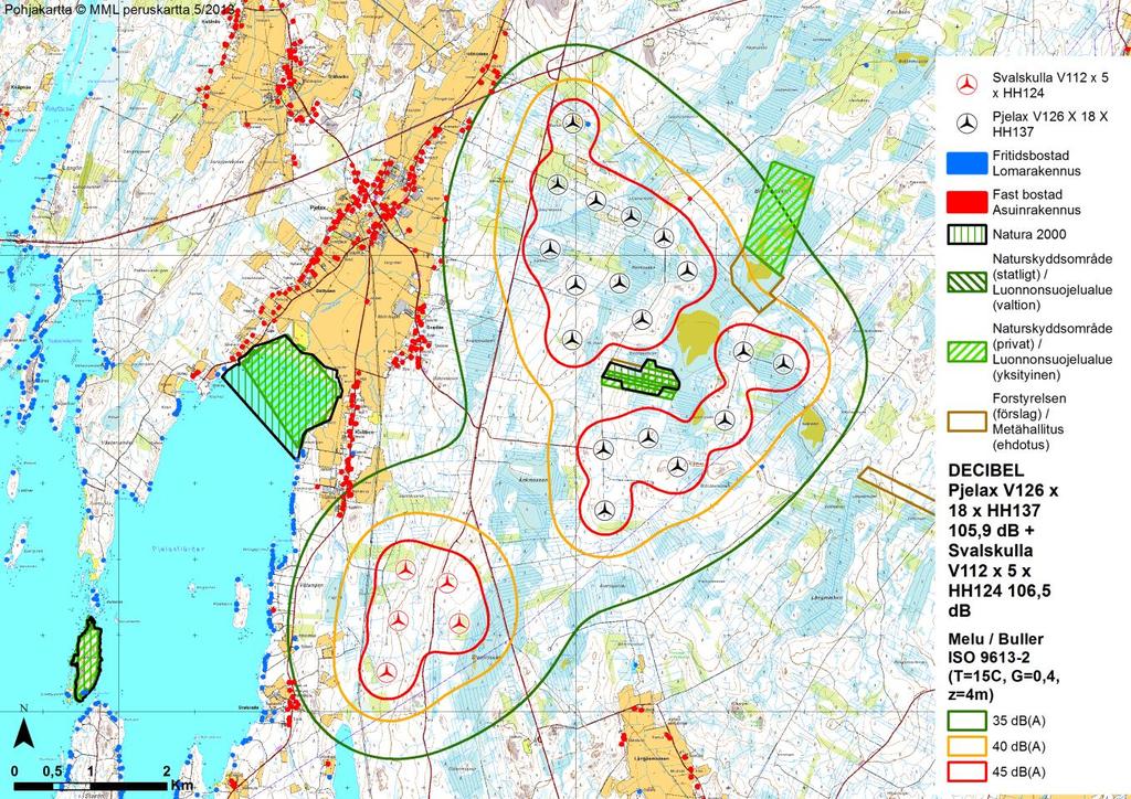 41 (83) Figur 11.2. Bullermodellering för Pjelax och Svalskulla vindkraftparker.