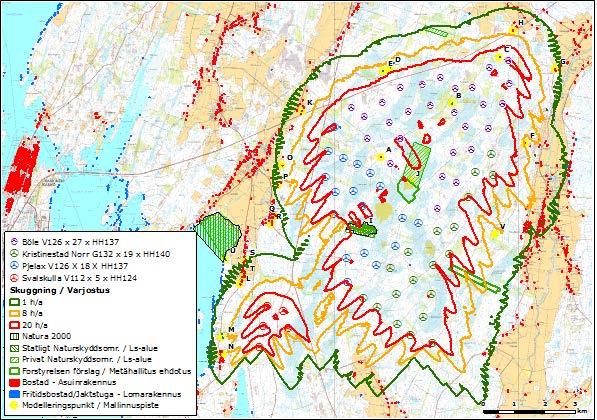 67 (83) t Figur 11.14. Sammantagen skuggningsmodellering för Svalskulla, Pjelax, Böle och Kristinestad Norr. 11.15.