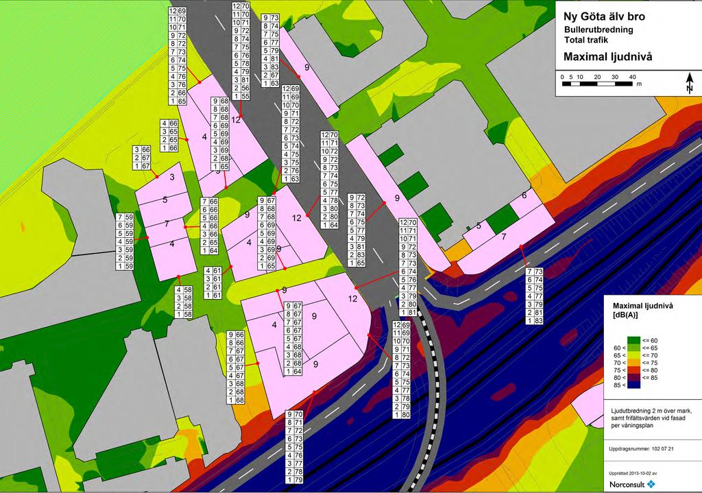 5.4:5 - Utbredning av maximala ljudnivåer från ny Götaälvbro och övrig trafik i kvarteren kring