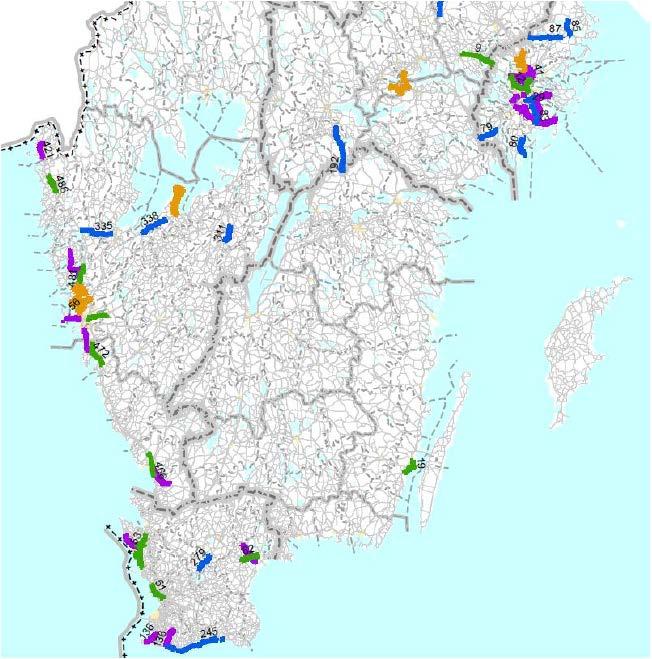 Figur 1. Utvalda vägavsnitt (urvalsenheter) i 2013 och efterföljande års hastighetsmätning för mc.