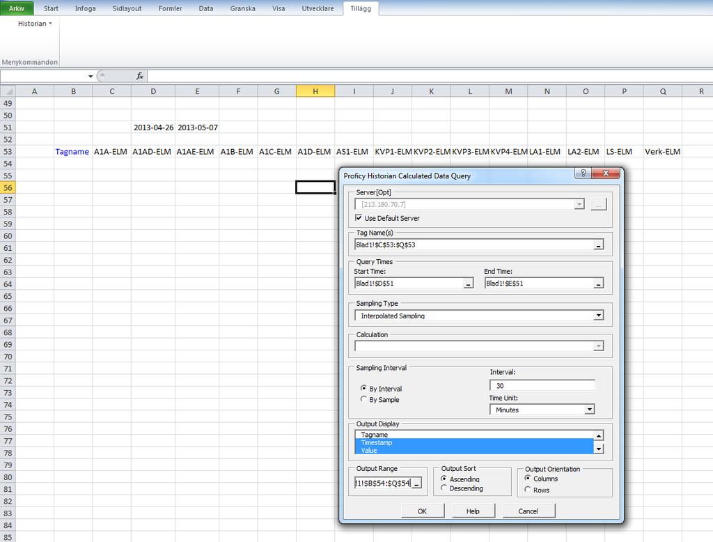 8.2 Excel AddIn Historian I figur 10 nedan ses ett exempel på hur hämtning av mätdata med Excel AddIn skulle kunna se ut.