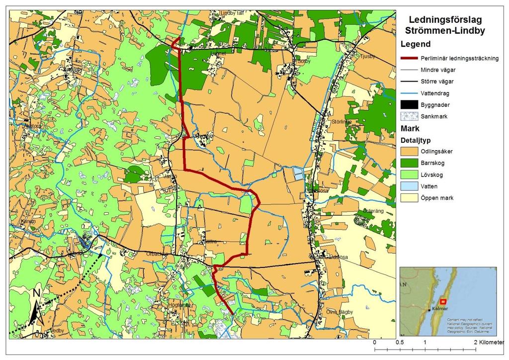 Figur 6. Föreslagen ledningsdragning mellan uttagspunkt Övra Bägby och Lindby dämme. 4.