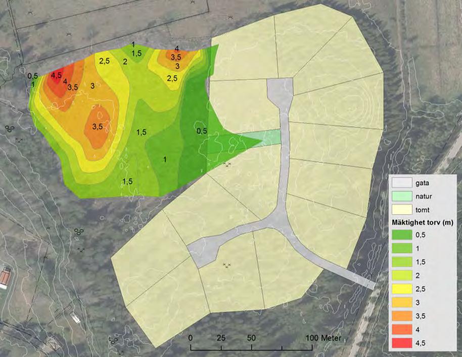 Kartan visar uppskattad utbredning och mäktighet av torv enligt den geotekniska utredningen i förhållande till den södra delen av planområdet.