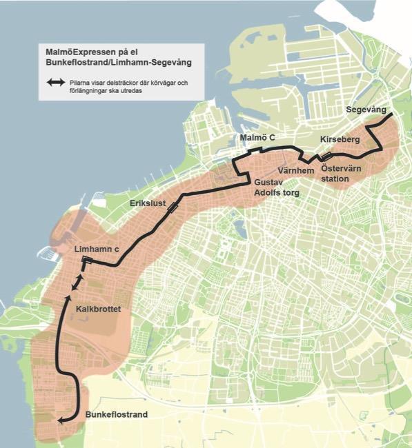 Linje 4 MalmöExpressen med eldrift på sträckan Bunkeflostrand/Limhamn-Segevång Linjen fångar upp stora resandemängder mellan sydvästra/västra Malmö och Malmös centrum och Malmö C och motsvarande