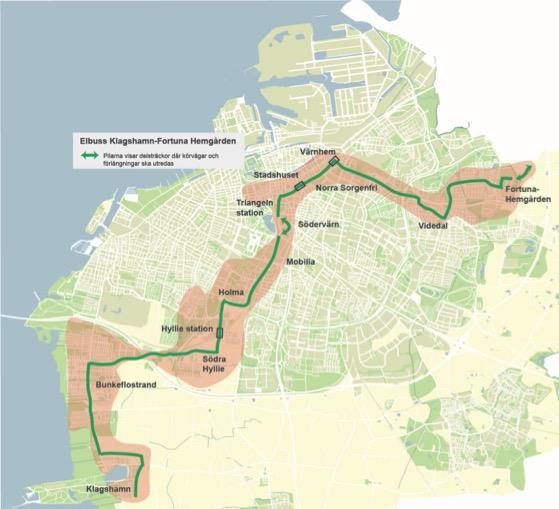 Linje 6 Bussar med eldrift på sträckan Klagshamn- Fortuna Hemgården e bostadsåtagande attraktiv kollektivtrafik.